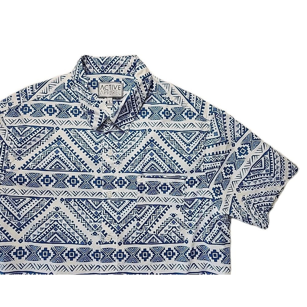 ACTIVE Apparel Mens Large Blue & White‎ Aztec Print Camp S/S Button Slim Fit EUC